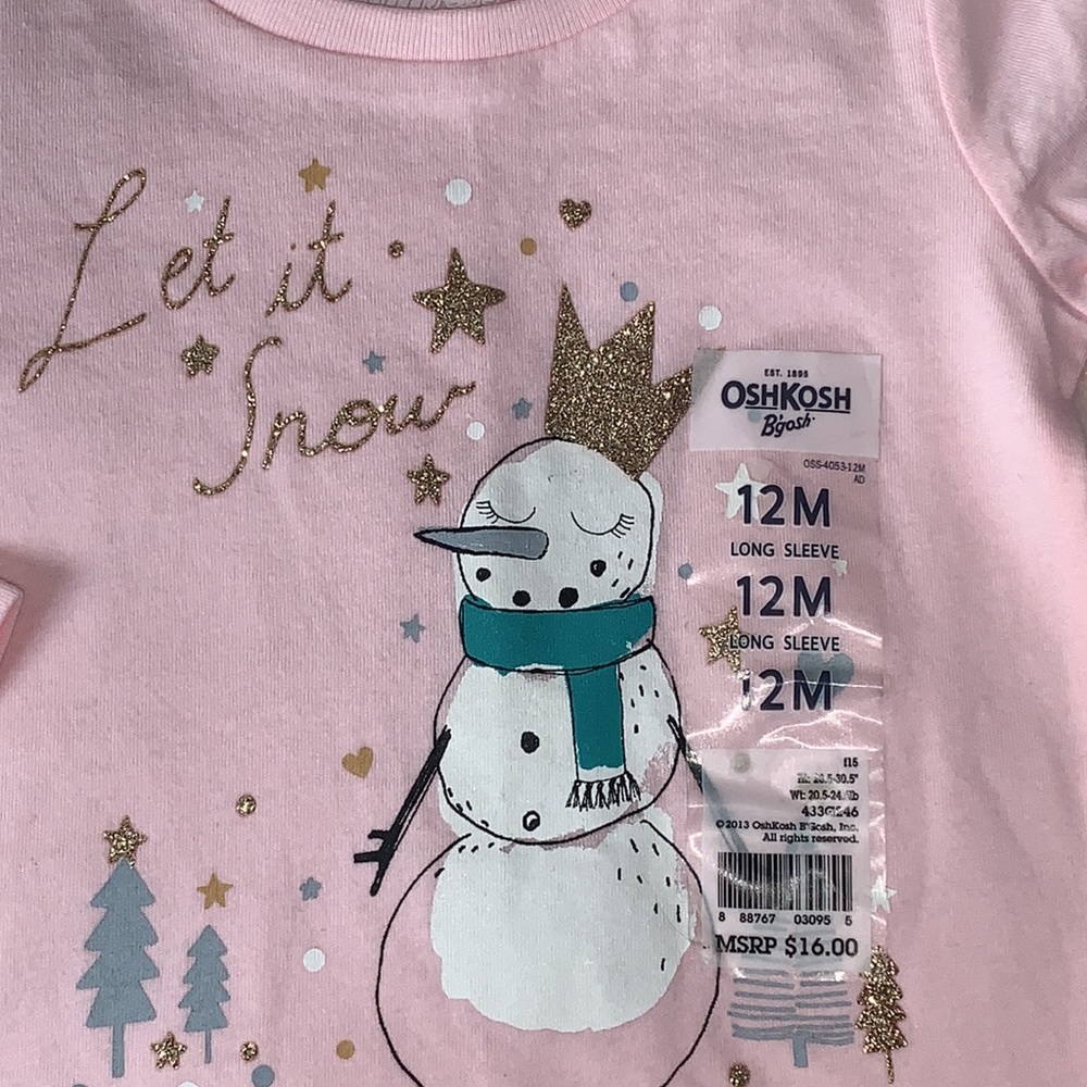 ☃️NWT Pink Oshkosh Snowman Top 12m “Let it Snow” - Picture 2 of 6